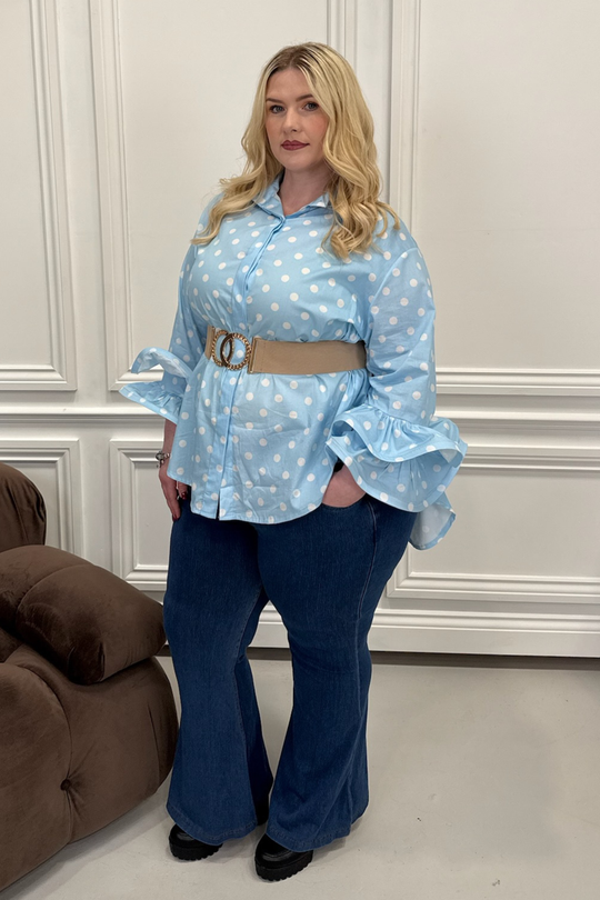 CURVE JANE BLUE POLKA DOT RUFFLE CUFF SHIRT