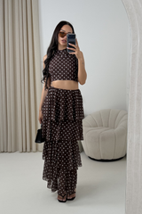 NAOMI CHOCOLATE POLKA DOT RUFFLE MAXI SKIRT & HALTER TOP
