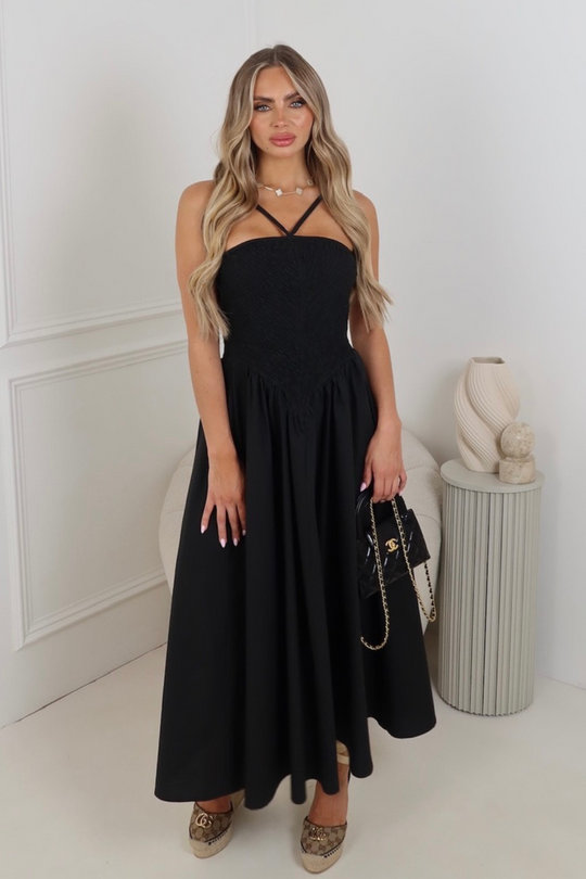 Darla black shirred bodice midi dress