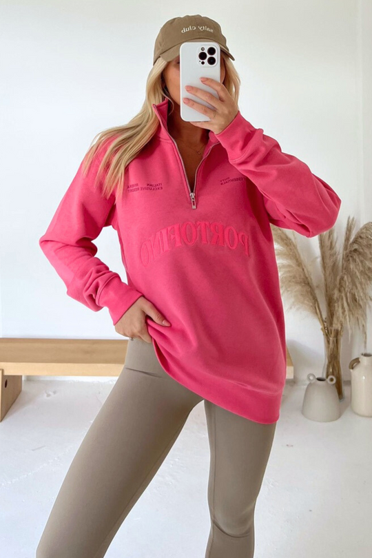Portofino pink lemonade embroidered 3/4 zip sweater