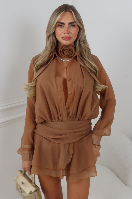 LIBERTY CARAMEL CHIFFON FRILLED SHIRT DRESS