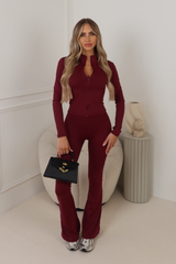 ASHER BURGUNDY FULL ZIP JACKET AND RUCHED BUM FLARED LEGGINGS