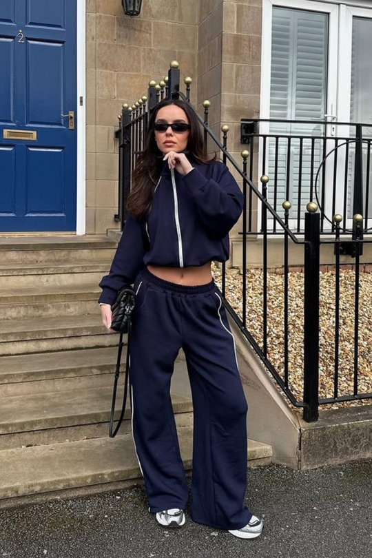 Elise navy contrast piping zip through jacket & trouser loungewear