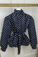GABRIELLA NAVY POLKA DOT BELTED PUFF SLEEVE HIGH NECK JACKET