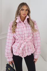 KODIE PINK CHECKED BELTED PUFF SLEEVE WINDBREAKER JACKET
