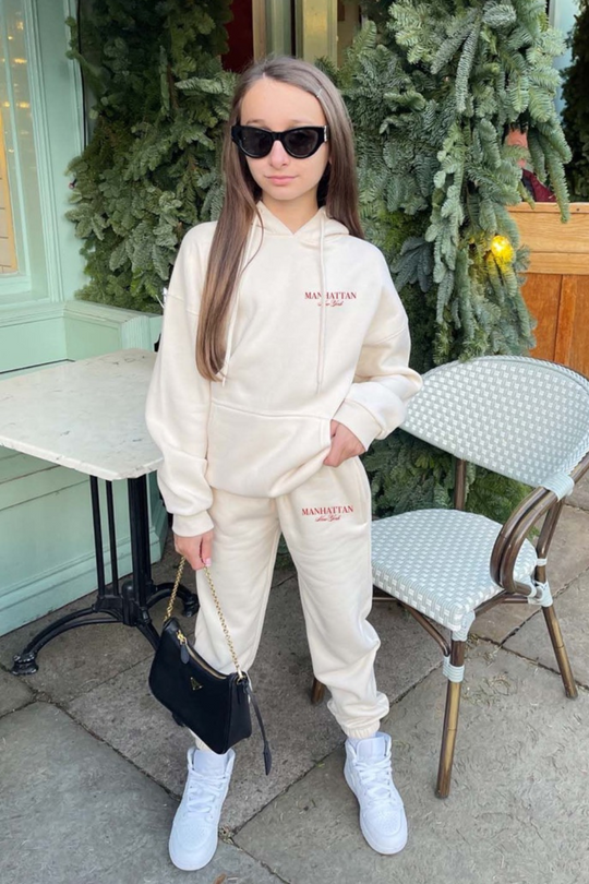 Mini Manhatten red and ecru embroidered hooded loungewear