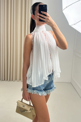 DEMI WHITE LACE PLEATED HIGH NECK SCARF TOP