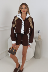 MILA CHOCOLATE POLKA DOT TRIM JACKET AND SHORTS CO ORD TWO PIECE SET