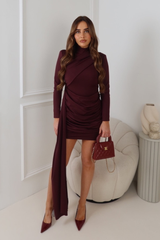 JANEL DARK CHERRY DRAPE HIGH NECK LONG SLEEVE DRESS