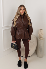 COLE CHOCOLATE FAUX LEATHER HIGH NECK ZIP JACKET