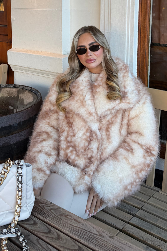 ADDIE CREAM DEER PRINT FAUX FUR COLLARED COAT