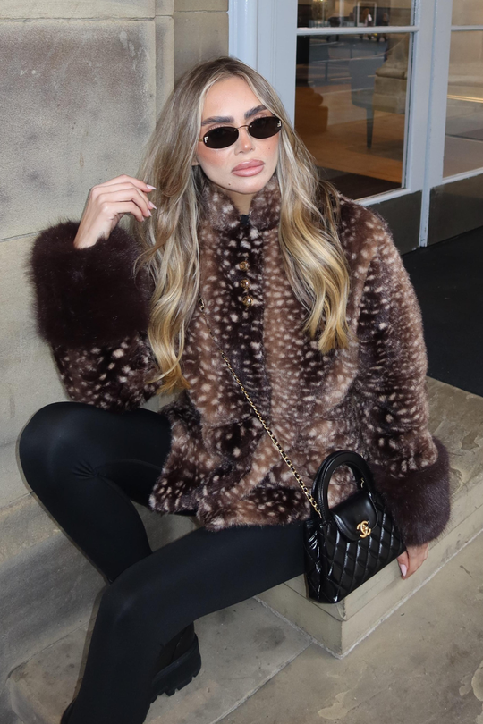 LAURA DEER PRINT HIGH NECK BUTTON UP FUR JACKET WITH BROWN CUFFS
