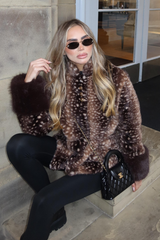 LAURA DEER PRINT HIGH NECK BUTTON UP FUR JACKET WITH BROWN CUFFS