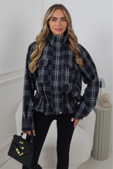 NANCIE NAVY CHECK HIGH COLLAR ZIP UP JACKET