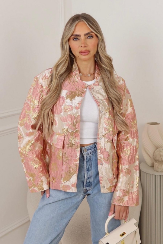 Laura pink floral metallic bomber jacket
