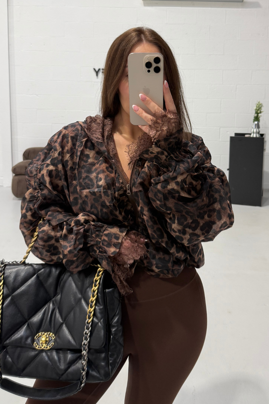 MONA CHOCOLATE LEOPARD LACE HOODED BOMBER JACKET