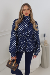 GABRIELLA NAVY POLKA DOT BELTED PUFF SLEEVE HIGH NECK JACKET