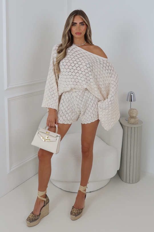 LOLA CREAM CROCHET CAPE & KNITTED SHORTS TWO PIECE SET