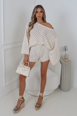 LOLA CREAM CROCHET CAPE & KNITTED SHORTS TWO PIECE SET