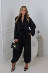 NESSA BLACK SATIN BALLOON TROUSER AND ZIP UP JACKET CO ORD