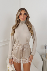 YASMIN BEIGE HIGH NECK RUFFLE THIN LONG SLEEVE TOP