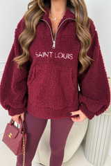 SAINT LOUIS BURGUNDY EMBROIDERED 3/4 ZIP FLEECE