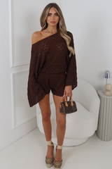 LOLA CHOCOLATE CROCHET CAPE & KNITTED SHORTS TWO PIECE SET