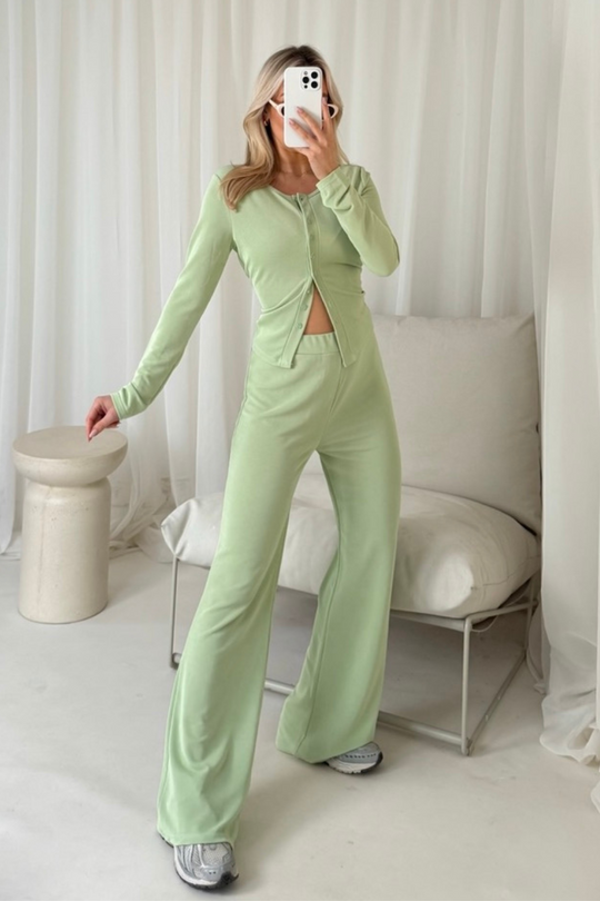 Morgan pistachio button through top & trouser loungewear