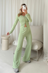 Morgan pistachio button through top & trouser loungewear
