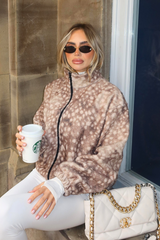 ALEXI BEIGE DEER PRINT FULL ZIP FLEECE JACKET