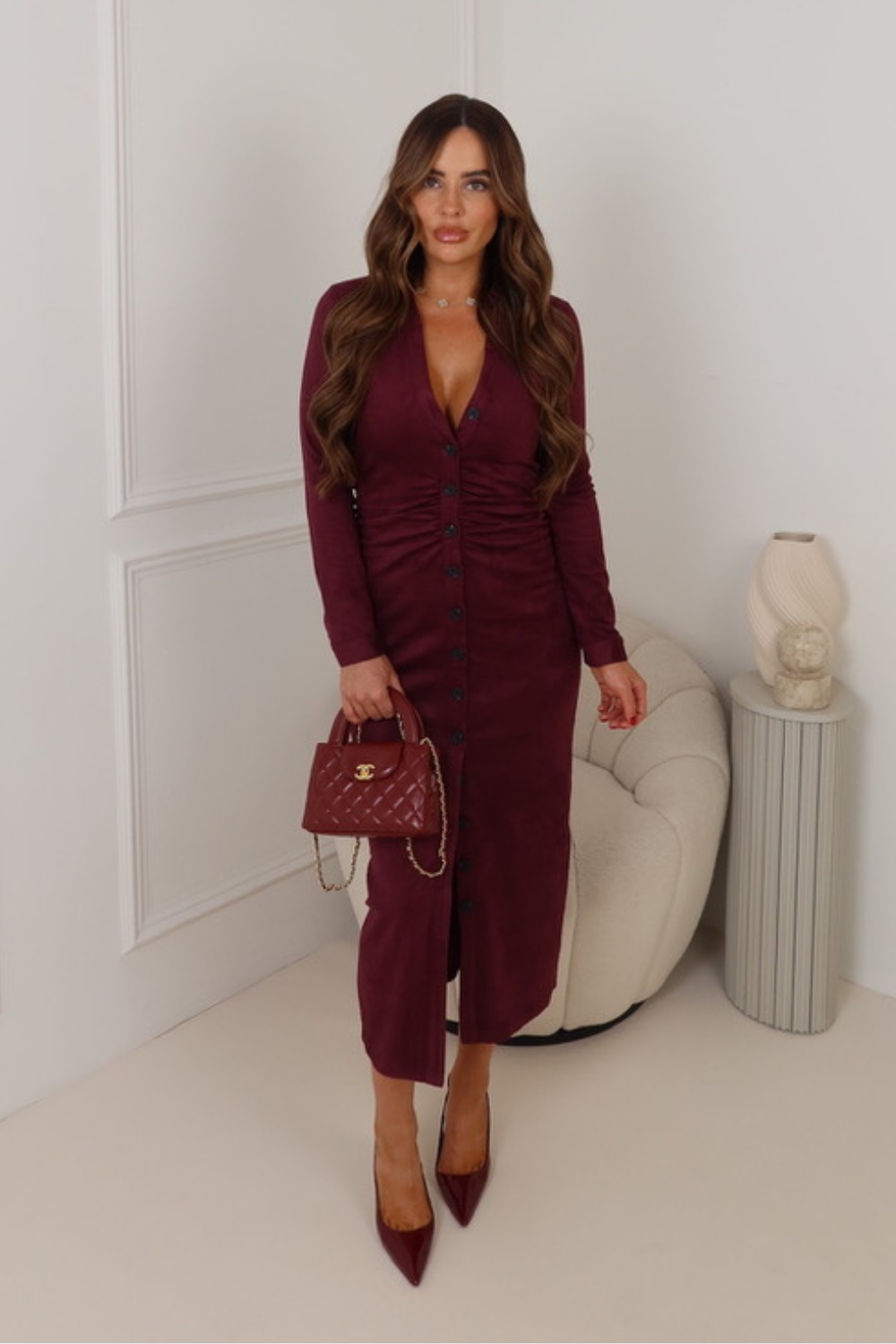 SIMONA BURGUNDY LONG FAUX SUEDE DRESSS – Glamify Famous For Loungewear