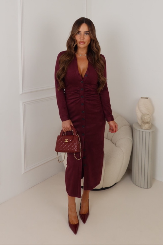 SIMONA BURGUNDY LONG FAUX SUEDE DRESSS