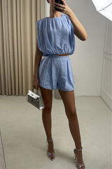 KINSEY BLUE PUFFPALL CROP TOP & SKORT CO ORD TWO PIECE SET