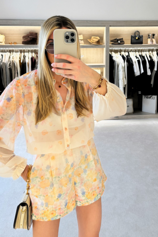 Lillian orange floral sheer shirt & shorts co ord