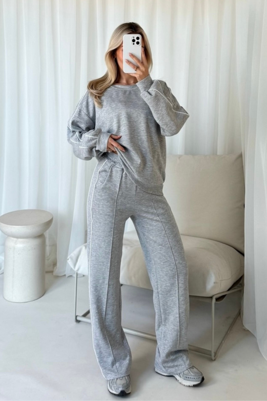 Romy marl grey contrast piping sweater & trouser loungewear