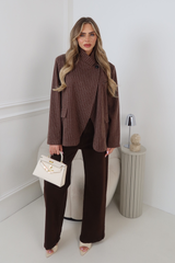 CHER PIN STRIPED CHOCOLATE HIGH NECK SHOULDER PADDED BLAZER