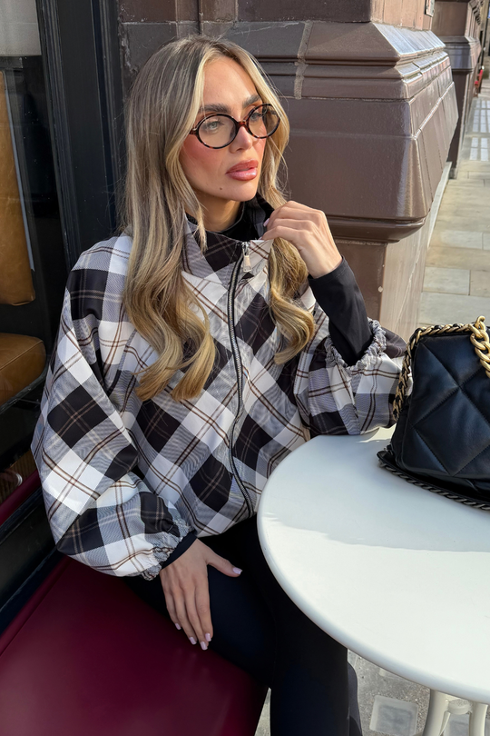 ELARA BLACK CHECK PRINT BALLOON SLEEVE ZIP UP JACKET