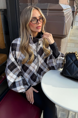 ELARA BLACK CHECK PRINT BALLOON SLEEVE ZIP UP JACKET