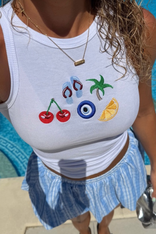 Tropical Embroidered white Ribbed Vest