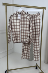 COLE BEIGE CHECKED PIPING TRACKSUIT CO ORD TWO PIECE SET