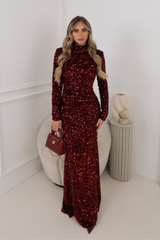 CHRISHELL BURGUNDY SEQUIN HIGH NECK LONG SLEEVE MAXI DRESS