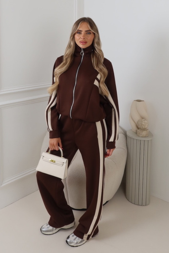 FRANKIE CHOCOLATE DOUBLE STRIPED TROUSER LOUNGEWEAR SET
