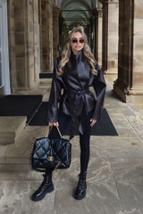 HARLOW CHOCOLATE LEATHER LAPEL COLLAR BELTED JACKET