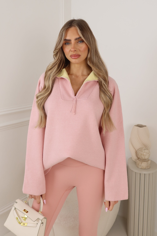 HEATHER PINK 3/4 ZIP JUMPER WITH YELLOW INSIDE COLLAR