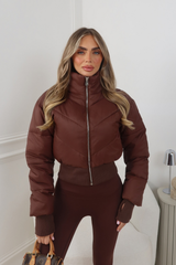 GRACE CHOCOLATE FITTED ZIP UP CROPPED PUFFER JACKET