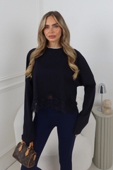 DARCY NAVY CROPPED LACE DETAIL LONG SLEEVE TOP