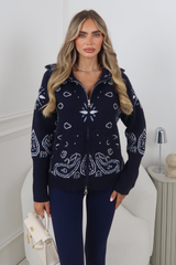 PAISLEY NAVY KNITTED FULL ZIP HIGH NECK CARDIGAN
