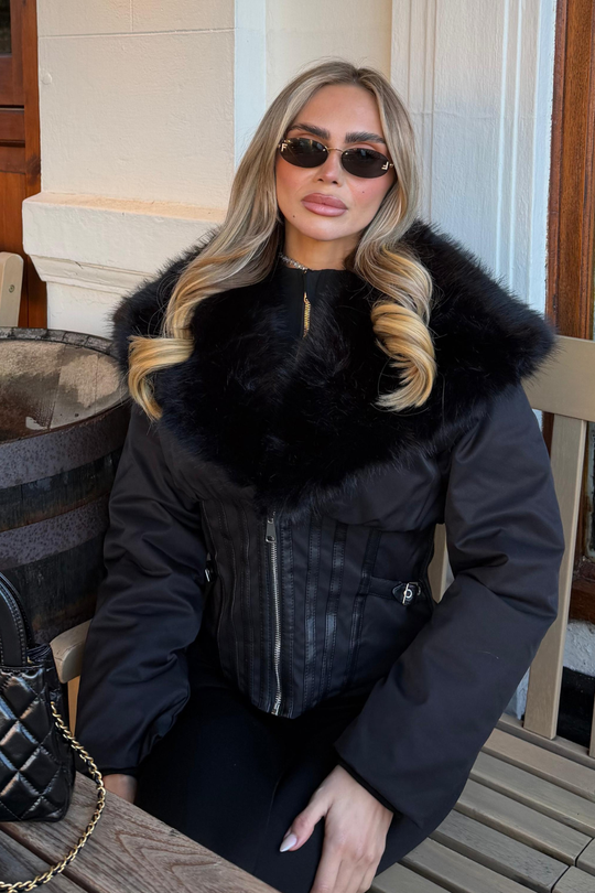 GEMIMA BLACK FAUX FUR HOOD CORSET CINCHED WAIST COAT