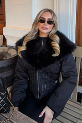 GEMIMA BLACK FAUX FUR HOOD CORSET CINCHED WAIST COAT