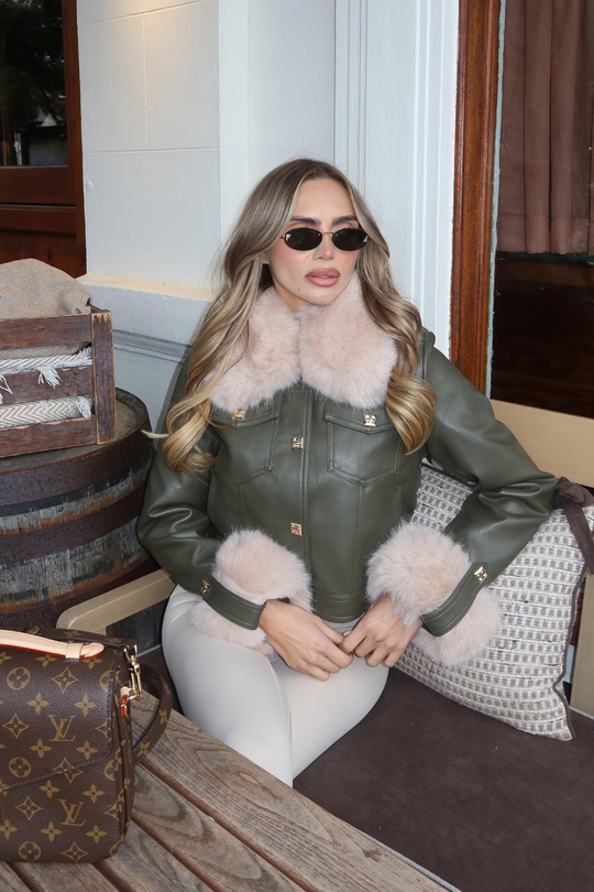 Zaria Khaki Faux Leather Jacket With Faux Fur Collar And Cuffs
